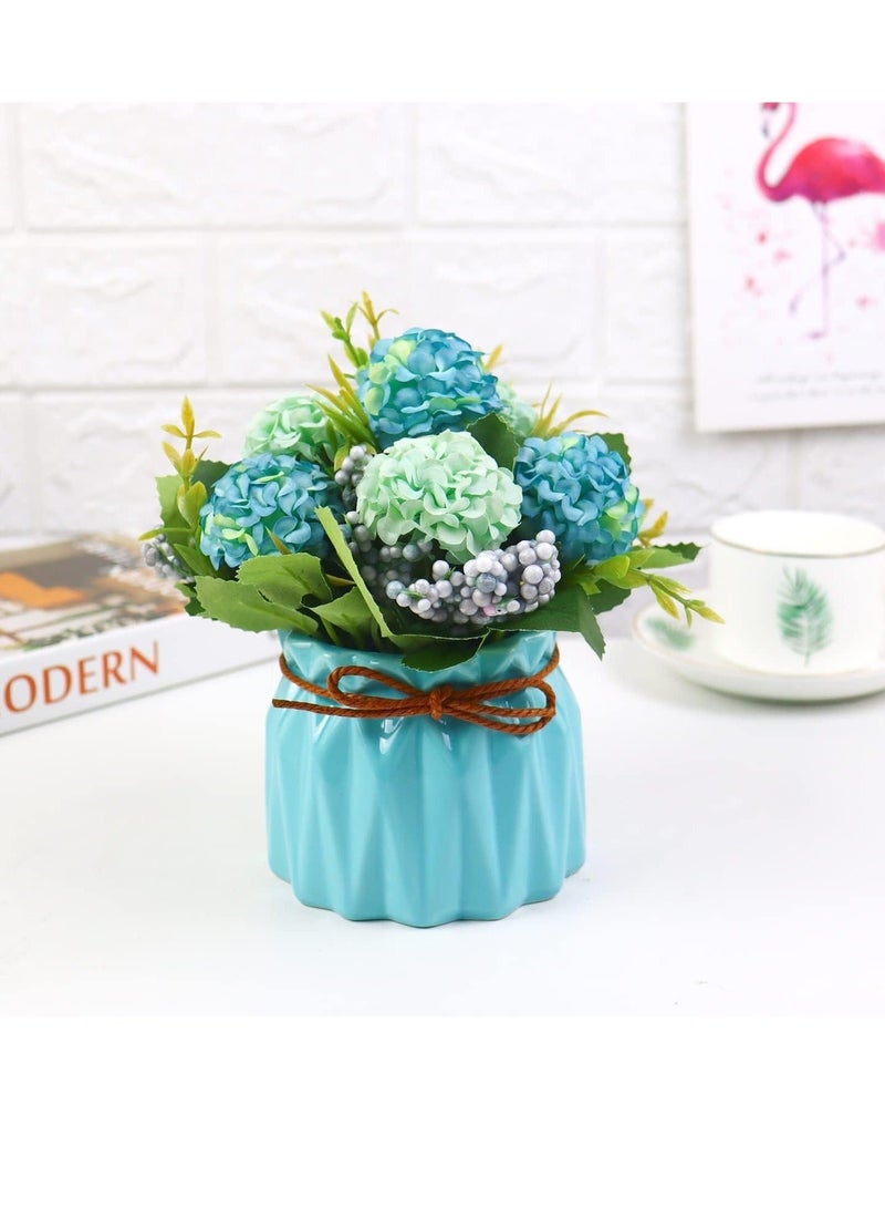 Captaintech Artificial Hydrangea Bouquet with Small Ceramic Vase, Fake Silk Variety Balls Flowers Arrangement in Vase for Decoration Home Office Table Wedding (Hydrangea-Blue) - Image 1