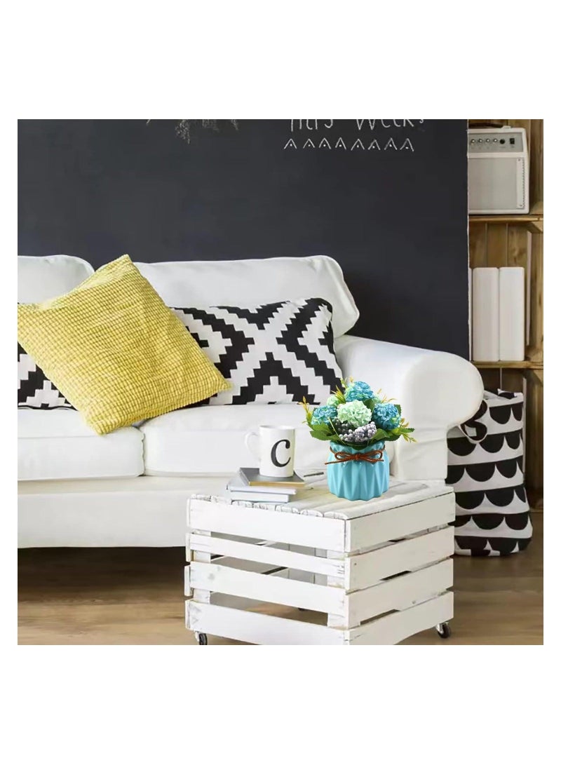 Captaintech Artificial Hydrangea Bouquet with Small Ceramic Vase, Fake Silk Variety Balls Flowers Arrangement in Vase for Decoration Home Office Table Wedding (Hydrangea-Blue) - Image 3