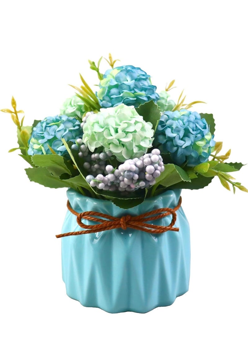 Captaintech Artificial Hydrangea Bouquet with Small Ceramic Vase, Fake Silk Variety Balls Flowers Arrangement in Vase for Decoration Home Office Table Wedding (Hydrangea-Blue) - Image 4