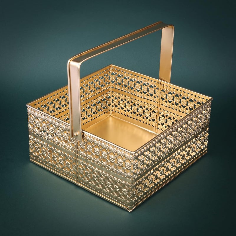 ekysa dekor Metal Sheet Multipurpose Hamper Oval Fancy BasketTrayPlatter Box With Movable Handles For Packing Gifting Decoration Golden 8 4 Inch