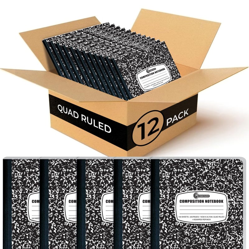 Rosmonde 12 Pack Graph Paper Composition Notebook, 200 Pages (100 Sheets), 4x4 Grid, Graph Composition Notebook, Black Marble Hard Cover Quad Ruled Notebooks for School, Bulk Grid Composition Notebook - Image 1