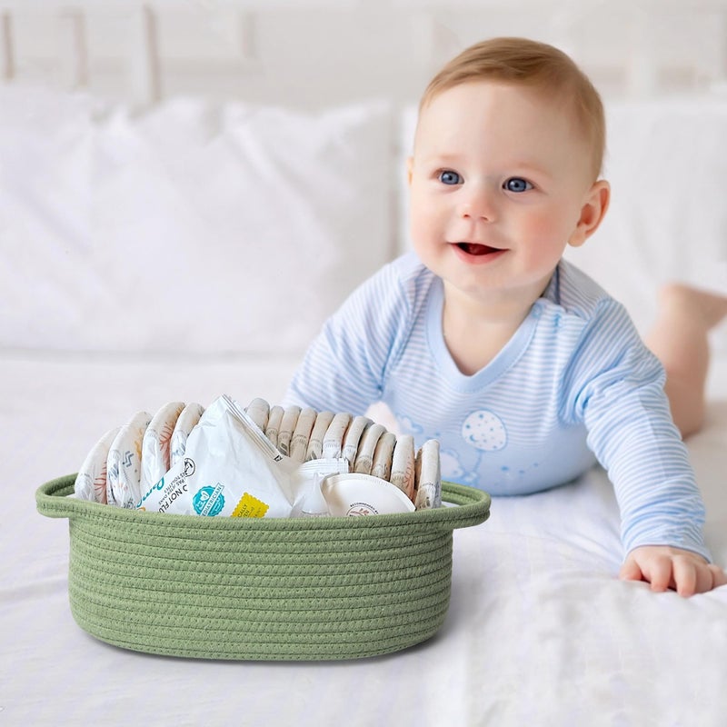 MEGASKET Green Woven Basket, 13" x 9" x 5" Baskets for Gifts Empty, Cute Cotton Rope Cat Dog Toy Bin Box, Small Woven Bin for Organizing, Green Room Decor, Nursery Baby Cloth Diaper Storage Organizer - Image 5