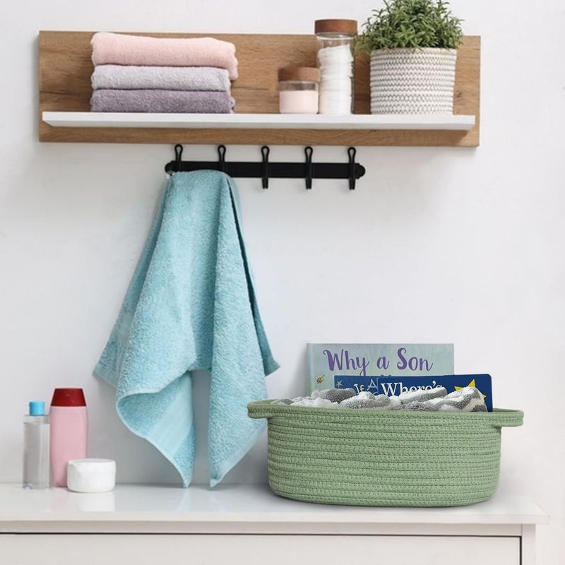 MEGASKET Green Woven Basket, 13" x 9" x 5" Baskets for Gifts Empty, Cute Cotton Rope Cat Dog Toy Bin Box, Small Woven Bin for Organizing, Green Room Decor, Nursery Baby Cloth Diaper Storage Organizer - Image 4