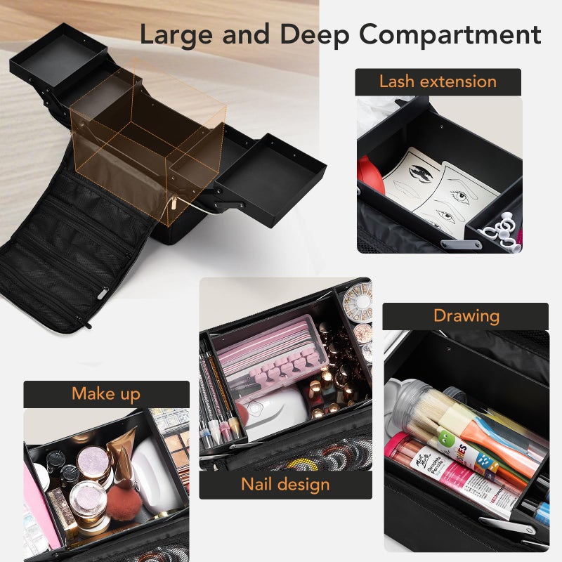Stagiant Makeup Train Case, Nail Bag Organizer Case, Makeup Box Organizer, 4 Tier Large Travel Makeup Case with Compartments/Shoulder Strap for MUA/Manicure/Tattoo/Eye Lash Extension,Black - Image 4