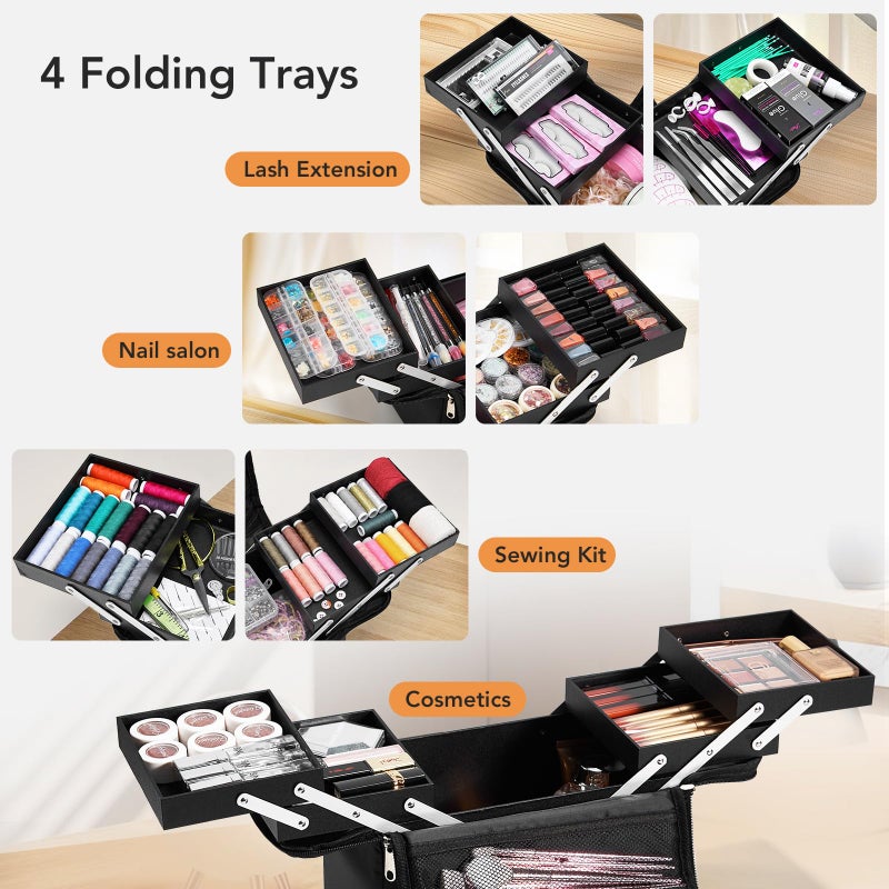 Stagiant Makeup Train Case, Nail Bag Organizer Case, Makeup Box Organizer, 4 Tier Large Travel Makeup Case with Compartments/Shoulder Strap for MUA/Manicure/Tattoo/Eye Lash Extension,Black - Image 3