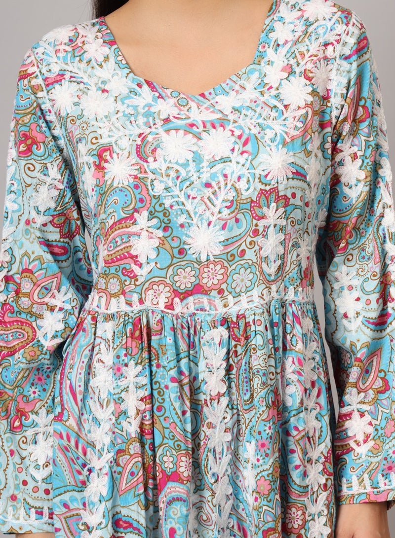 الايا جلابية مطبوعة قطن مولمول مطرزة يدوياً لوكنوي شيكانكاري - Image 5