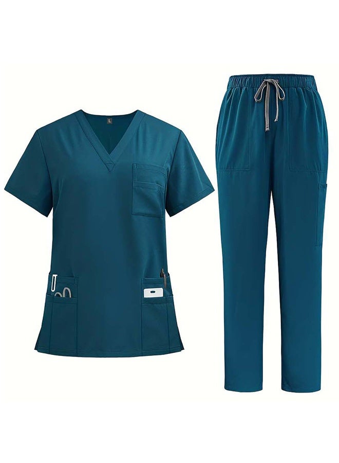 Women's/Men's Scrub Set, V-Neck Scrub Top with Multi-Pockets and Drawstring Scrub Pants, Stretchy Soft Medical Uniform for Nurses, Doctors, Healthcare Workers - Image 1