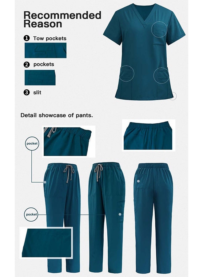 Women's/Men's Scrub Set, V-Neck Scrub Top with Multi-Pockets and Drawstring Scrub Pants, Stretchy Soft Medical Uniform for Nurses, Doctors, Healthcare Workers - Image 2