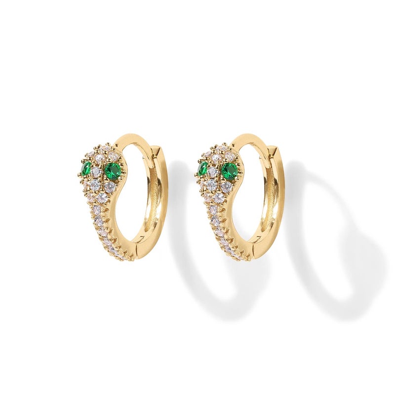 PAVOI 14K Gold Plated 925 Sterling Silver Post Cubic Zirconia Huggie Earrings - Small Round Stud Fashion Hoop Earrings for Women in Rose Gold Plating (Snake, Yellow) - Image 3