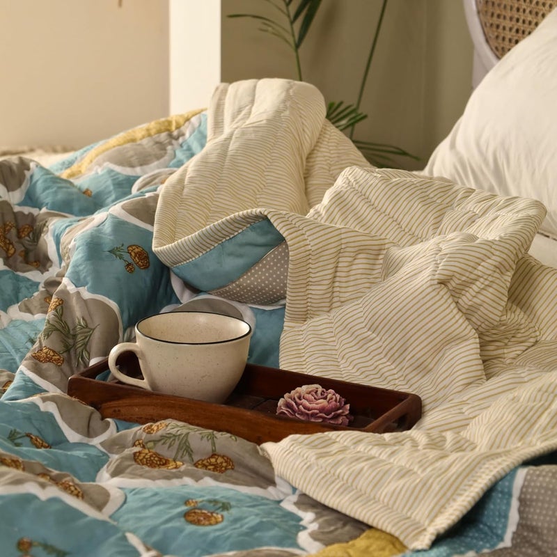 Peepul Tree Single Hand Block Printed Cotton Quilt Jaipuri Razai Softness Style Beautiful Floral AC Blanket Reversible Breathable Made in India Teal Taupe 60x90inches - Image 5