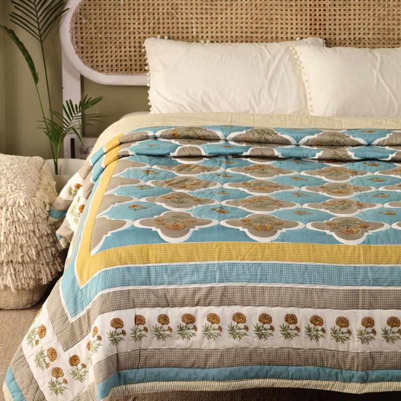 Peepul Tree Single Hand Block Printed Cotton Quilt Jaipuri Razai Softness Style Beautiful Floral AC Blanket Reversible Breathable Made in India Teal Taupe 60x90inches - Image 3