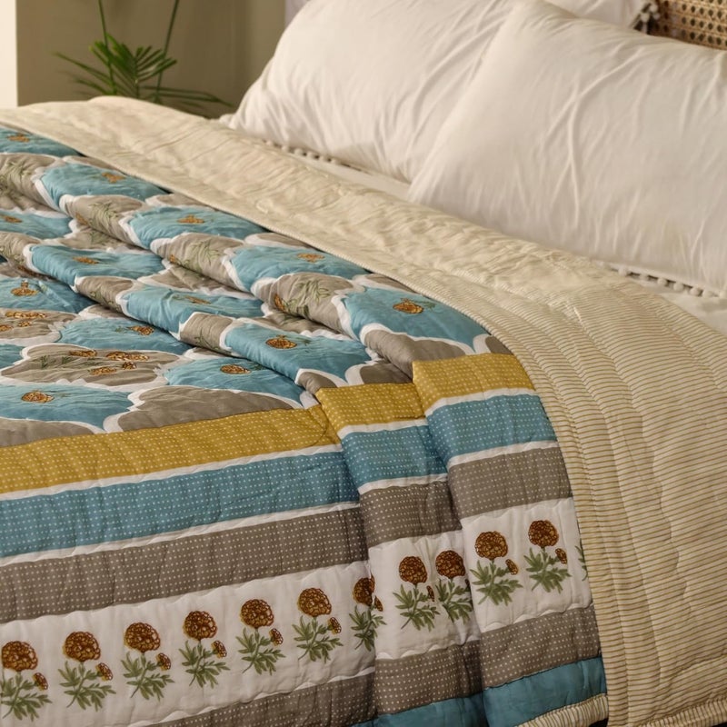 Peepul Tree Single Hand Block Printed Cotton Quilt Jaipuri Razai Softness Style Beautiful Floral AC Blanket Reversible Breathable Made in India Teal Taupe 60x90inches - Image 4