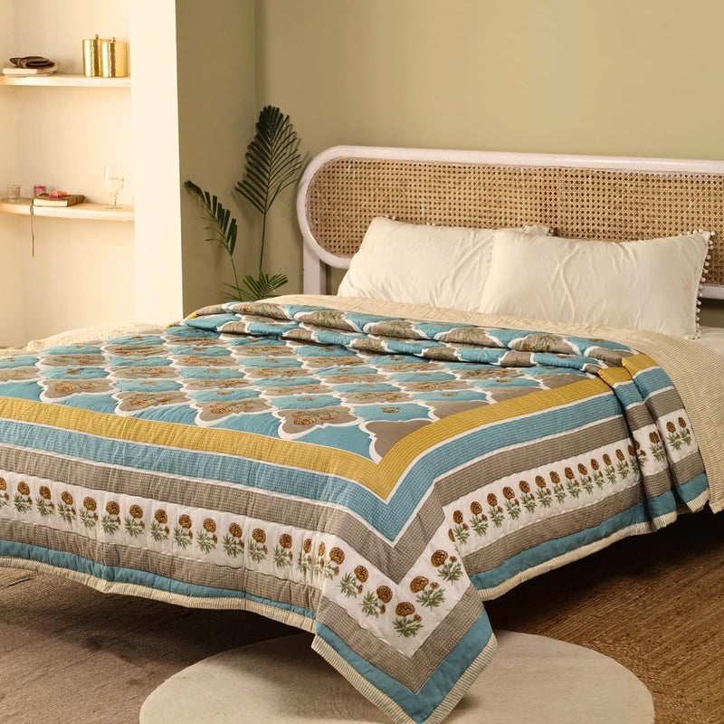 Peepul Tree Single Hand Block Printed Cotton Quilt Jaipuri Razai Softness Style Beautiful Floral AC Blanket Reversible Breathable Made in India Teal Taupe 60x90inches - Image 2