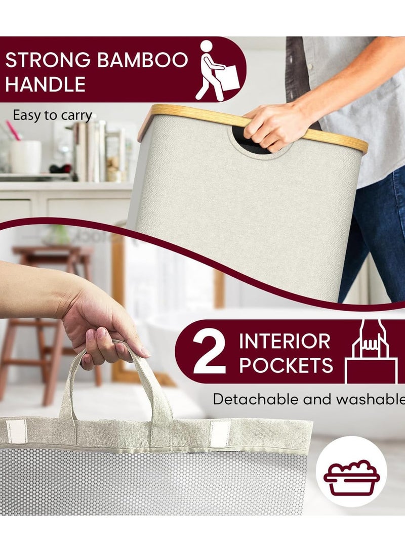 Alruht Double Laundry Hamper with Lid, Divided Laundry Hamper with Removable Bags, 2 Section Dirty Clothes Basket with Handles, Foldable laundry Hamper for Bathroom, Bedroom (Off White, 150L) - Image 3