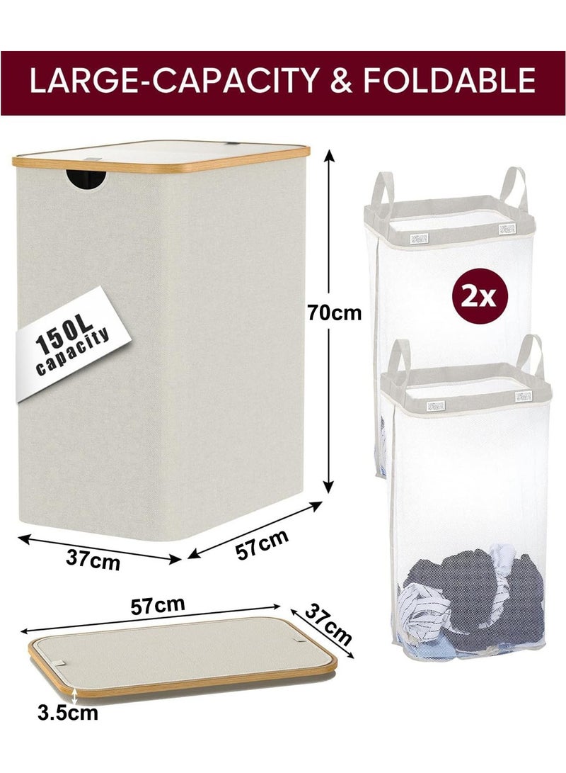 Alruht Double Laundry Hamper with Lid, Divided Laundry Hamper with Removable Bags, 2 Section Dirty Clothes Basket with Handles, Foldable laundry Hamper for Bathroom, Bedroom (Off White, 150L) - Image 2