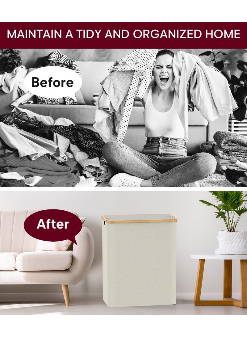 Alruht Double Laundry Hamper with Lid, Divided Laundry Hamper with Removable Bags, 2 Section Dirty Clothes Basket with Handles, Foldable laundry Hamper for Bathroom, Bedroom (Off White, 150L) - Image 5