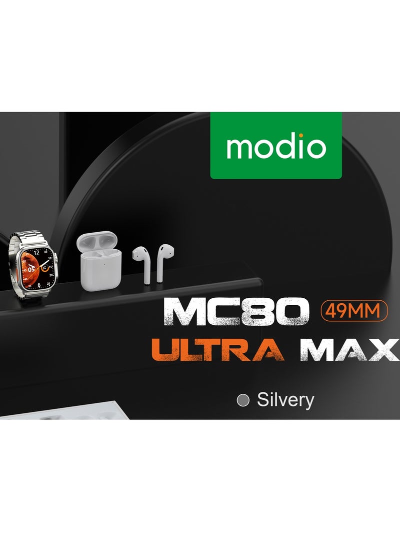 Modio 2.2 Inch HD Large Screen MC80 Ultra Max Smart Watch With High Bass Wireless Bluetooth Headset 3 Pair Strap and Wireless Charger Silver - Image 5