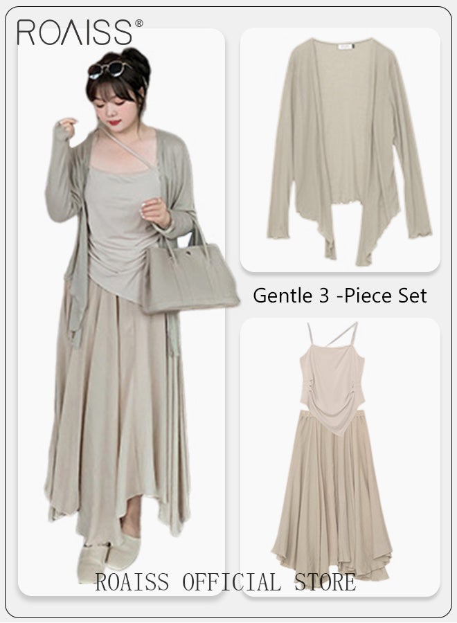 roaiss 3-Piece Women Skirt Suit Summer Skirt Japanese-Style Pleated Three-Piece Suit Women's Short-Sleeved Wrap V-Neck Blouse Flared Skirt Light Cardigan Suit  - Image 1