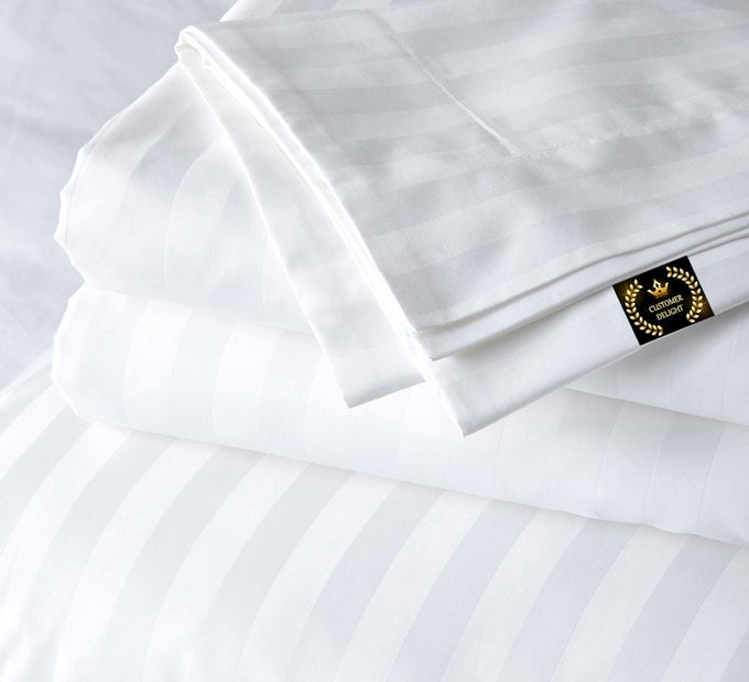 100 EGYPTIAN COTTON SHEETS KING SIZE HOTEL LUXURY SHEETS WHITE STRIPED KING BED SHEET 4 PIECE BEDDING SET EXTRA DEEP POCKET FITS UPTO 17