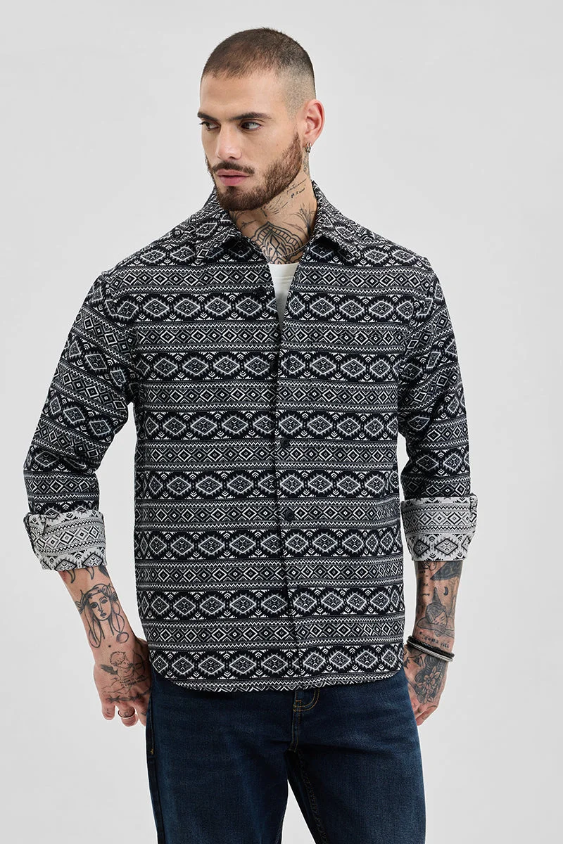 SNITCH Black Jacquard Relaxed Fit Overshirt