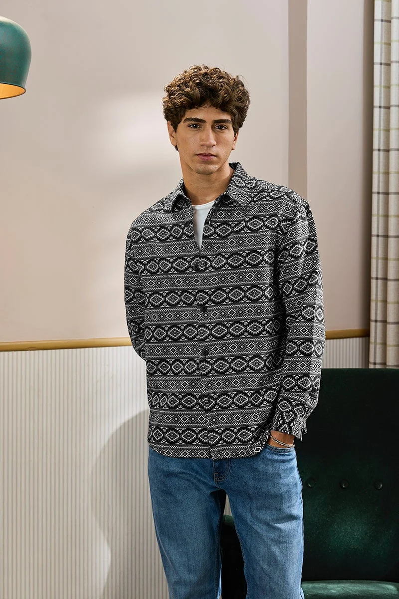 SNITCH Black Jacquard Relaxed Fit Overshirt