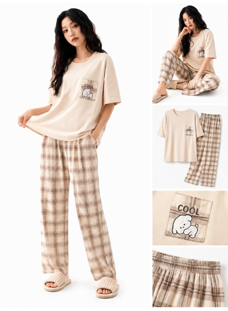 AO Women's Soft Short Sleeve Pajama Set with Plaid Lounge Pants- plus size - Image 1