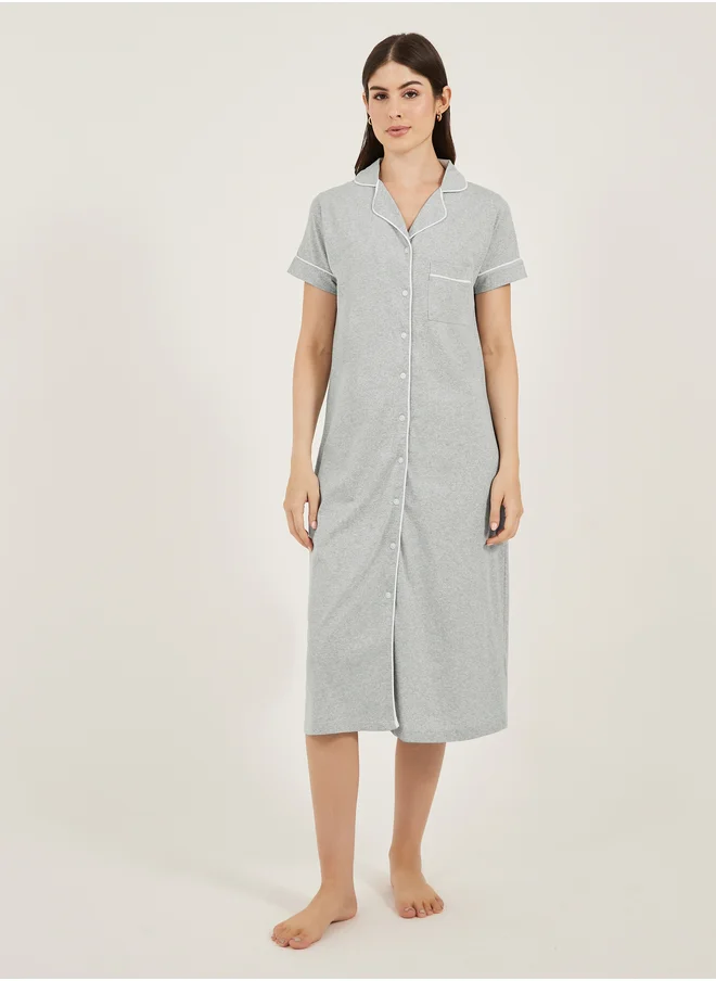 ستايلي Contrast Piping Buttoned Night Shirt with Pocket