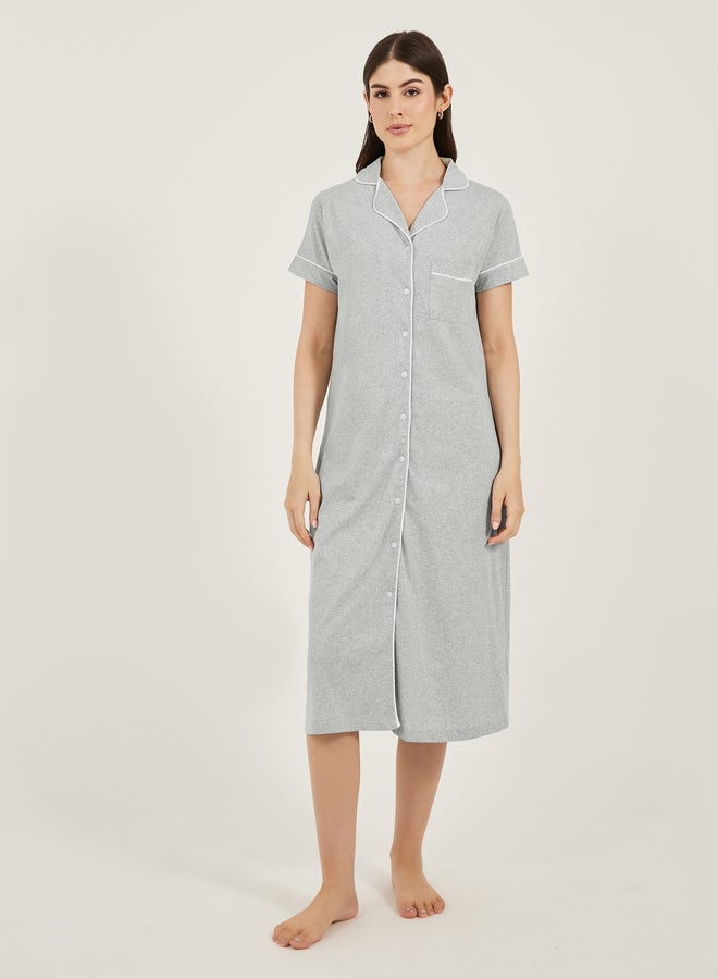Styli Contrast Piping Buttoned Night Shirt with Pocket  - Image 1