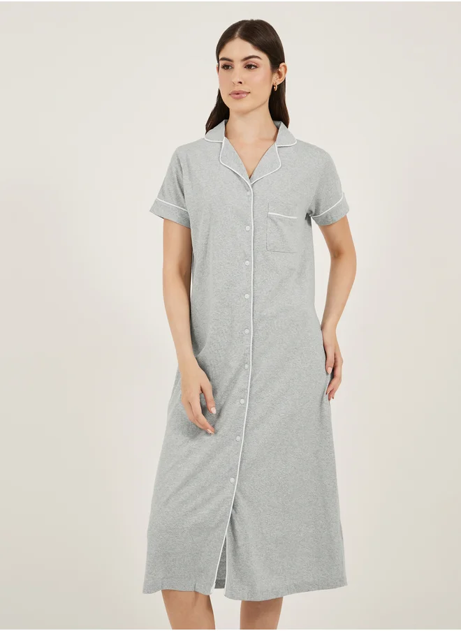 ستايلي Contrast Piping Buttoned Night Shirt with Pocket