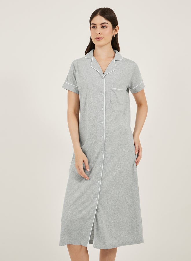 Styli Contrast Piping Buttoned Night Shirt with Pocket  - Image 2
