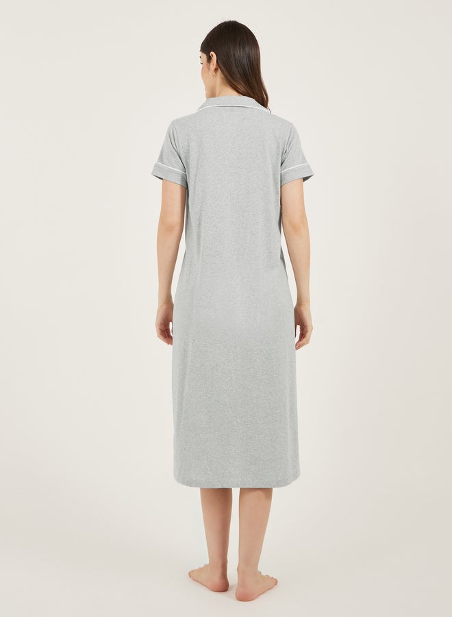 Styli Contrast Piping Buttoned Night Shirt with Pocket  - Image 4