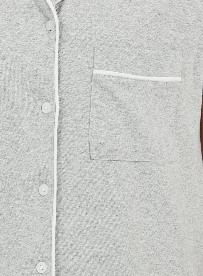 Styli Contrast Piping Buttoned Night Shirt with Pocket  - Image 3