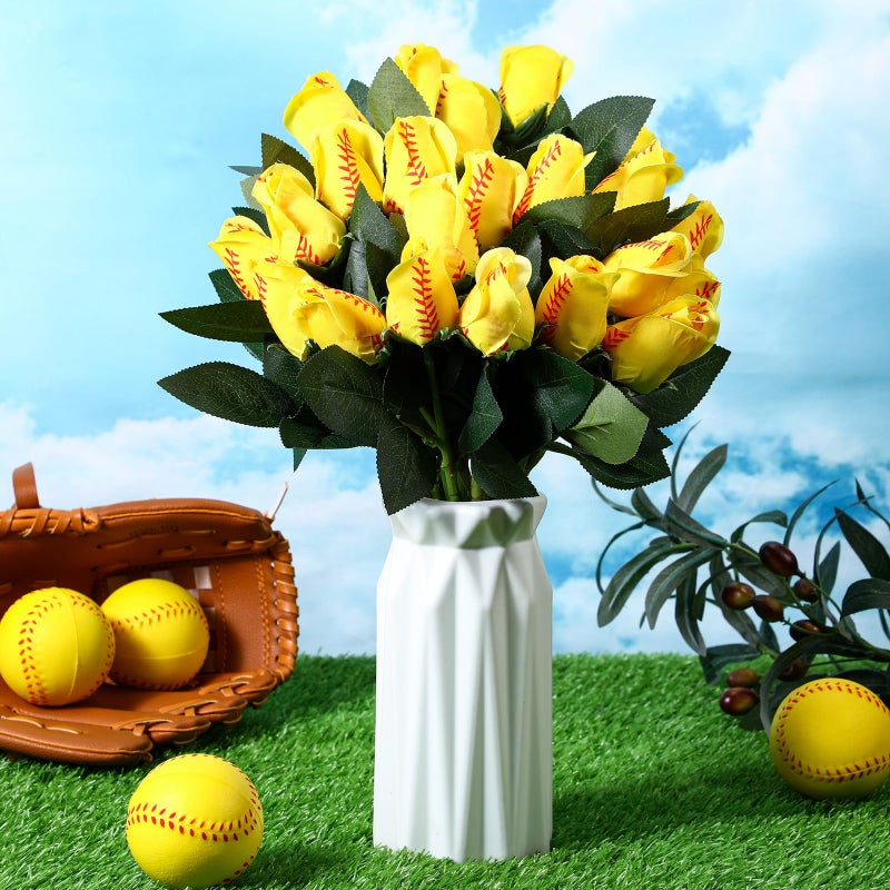 Suhine 12 Pcs Softball Rose Bulk Artificial Baseball Gifts Flower Decor for Graduation Wedding Party Sports Theme Bouquet Gift for Girl Coach Team Player Fan - Image 4