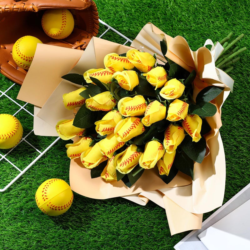 Suhine 12 Pcs Softball Rose Bulk Artificial Baseball Gifts Flower Decor for Graduation Wedding Party Sports Theme Bouquet Gift for Girl Coach Team Player Fan - Image 2