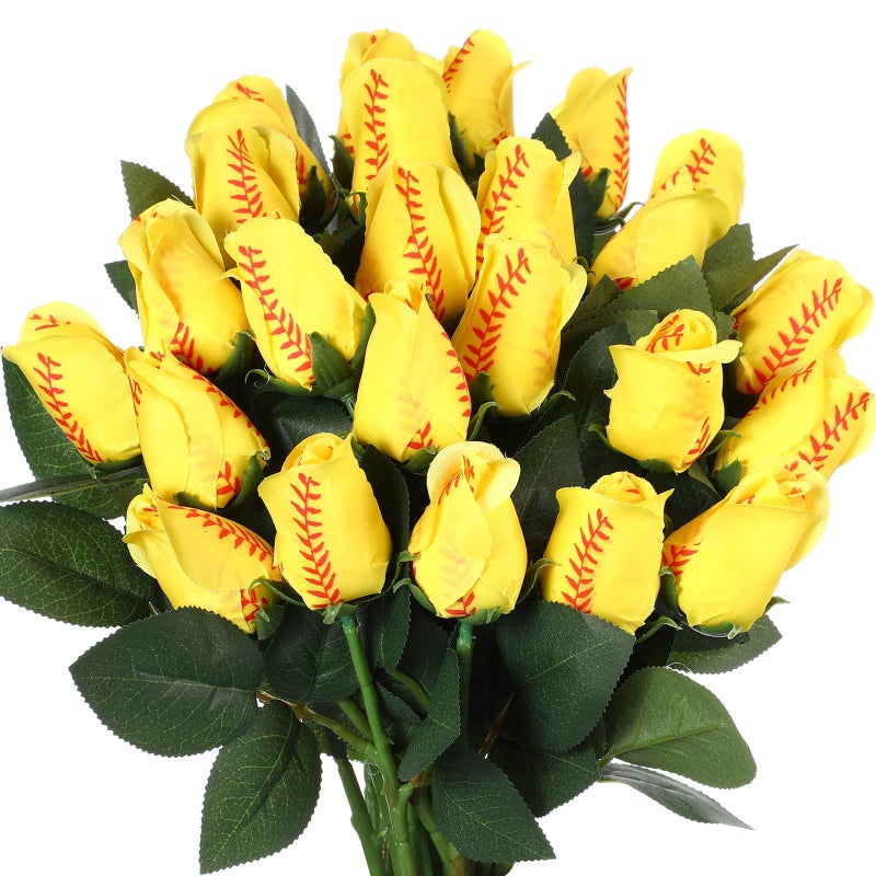Suhine 12 Pcs Softball Rose Bulk Artificial Baseball Gifts Flower Decor for Graduation Wedding Party Sports Theme Bouquet Gift for Girl Coach Team Player Fan - Image 1