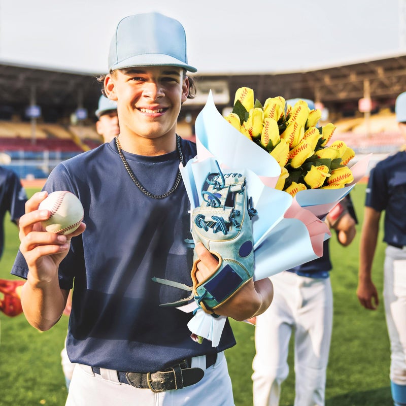 Suhine 12 Pcs Softball Rose Bulk Artificial Baseball Gifts Flower Decor for Graduation Wedding Party Sports Theme Bouquet Gift for Girl Coach Team Player Fan - Image 3