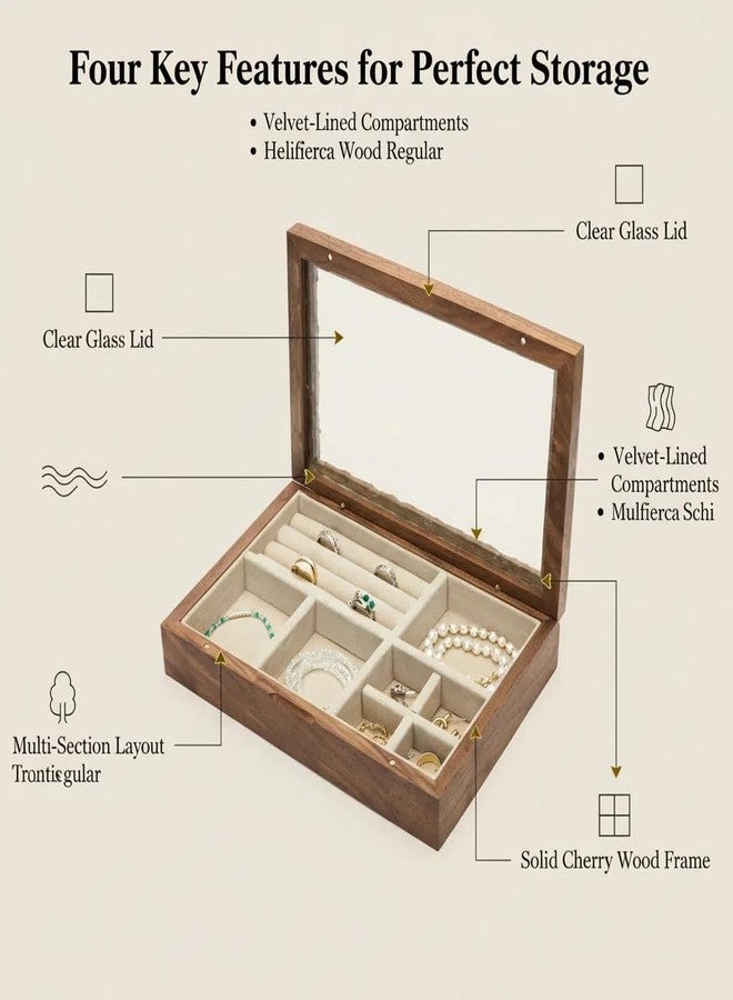 pandapark Wooden Jewelry Box with Glass Lid, Multi-Compartment Storage Display Case, Walnut Brown (Silver Walnut) - Image 2