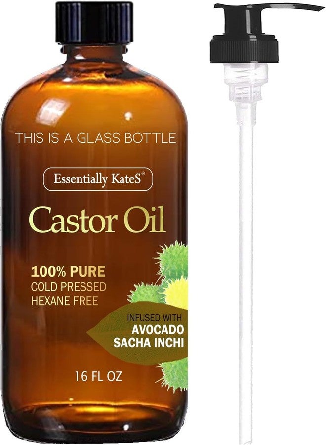 Essentially KateS Castor Oil 16 Fl Oz (Glass Bottle) - Avocado + Sacha Inchi- A Huge Glass Bottle with a Pump - 100% Pure and Natural, Cold Pressed, and Hexane-Free - Hair Oil, Body Oil - Image 1