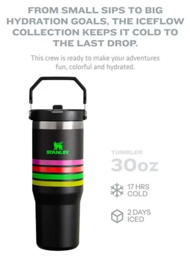 IceFlow 30oz Stainless Steel Tumbler with Leak-Resistant Flip Straw Lid – Black Neon Mesh Vacuum Insulated Reusable Cup Keeps Drinks Cold for 12 Hours or Iced for 2 Days – BPA-Free, Dishwasher Safe, Durable Travel Mug for Home, Office, Gym, and Outdoor Adventures