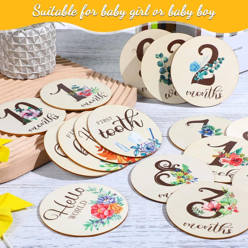 Al Raied ARS® 16 Pieces Wooden Baby Monthly Milestone Cards - Double Sided Milestone Marker Discs for Newborn Photo Props - Image 4