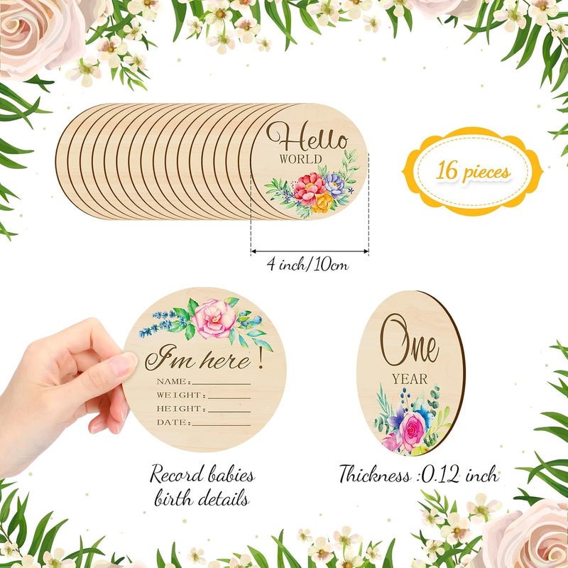 Al Raied ARS® 16 Pieces Wooden Baby Monthly Milestone Cards - Double Sided Milestone Marker Discs for Newborn Photo Props - Image 2