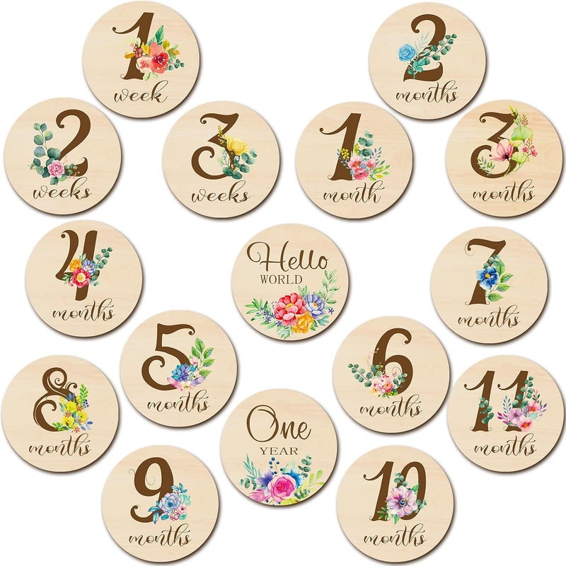 Al Raied ARS® 16 Pieces Wooden Baby Monthly Milestone Cards - Double Sided Milestone Marker Discs for Newborn Photo Props - Image 1