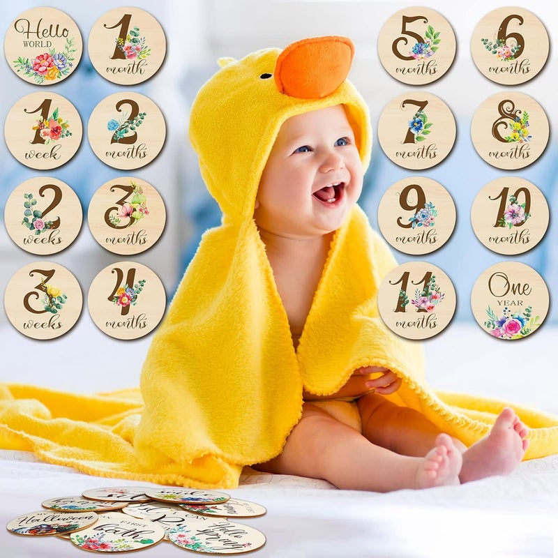 Al Raied ARS® 16 Pieces Wooden Baby Monthly Milestone Cards - Double Sided Milestone Marker Discs for Newborn Photo Props - Image 5