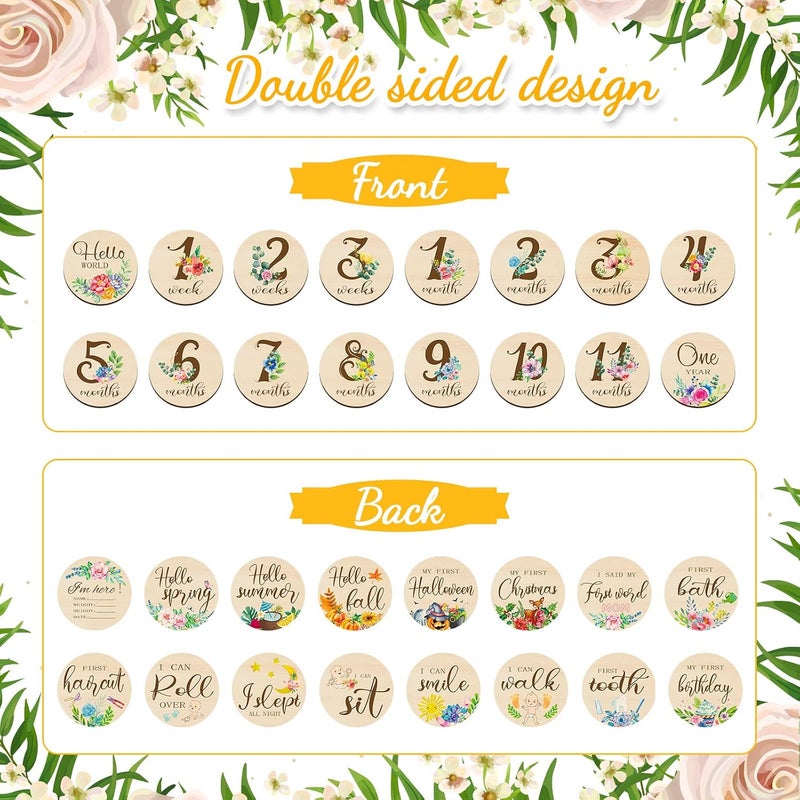 Al Raied ARS® 16 Pieces Wooden Baby Monthly Milestone Cards - Double Sided Milestone Marker Discs for Newborn Photo Props - Image 3