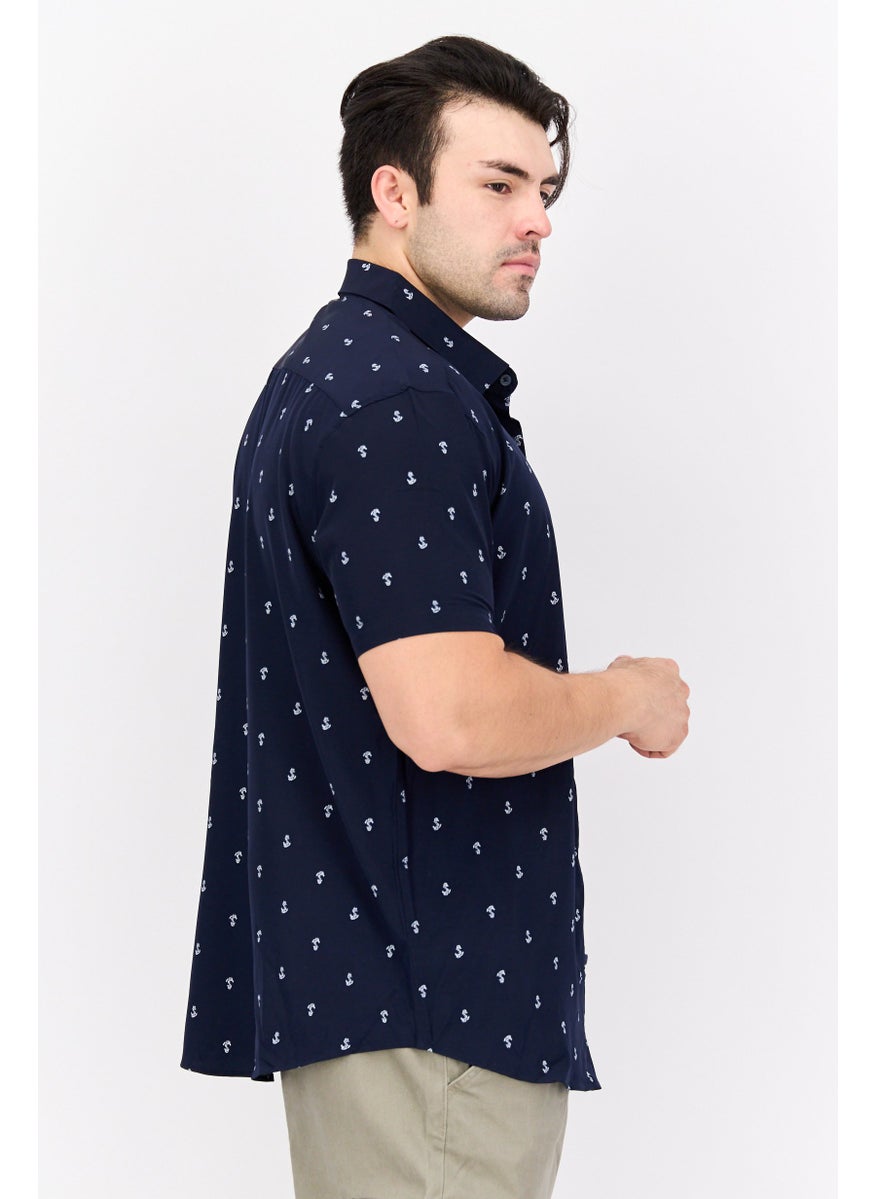 Essex Crossing - Men Regular Fit Short Sleeve All Over Printed Casual Shirt, Navy - Image 1