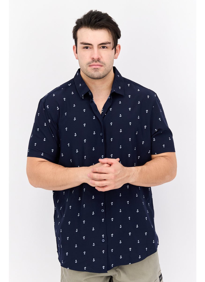 Essex Crossing - Men Regular Fit Short Sleeve All Over Printed Casual Shirt, Navy - Image 1