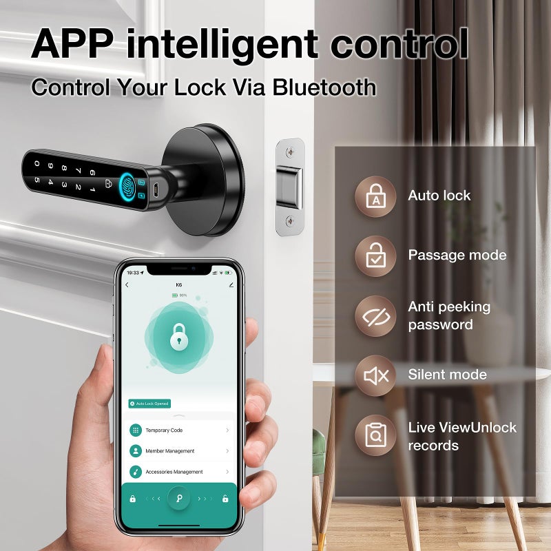 OFFTV Fingerprint Door Lock- Smart Door knob,biometric Door Lockï¼Œwith passcode keypad keyless Entry Door Handleï¼Œfor Bedroom Home Hotel Office Apartment (Black with APP) - Image 3