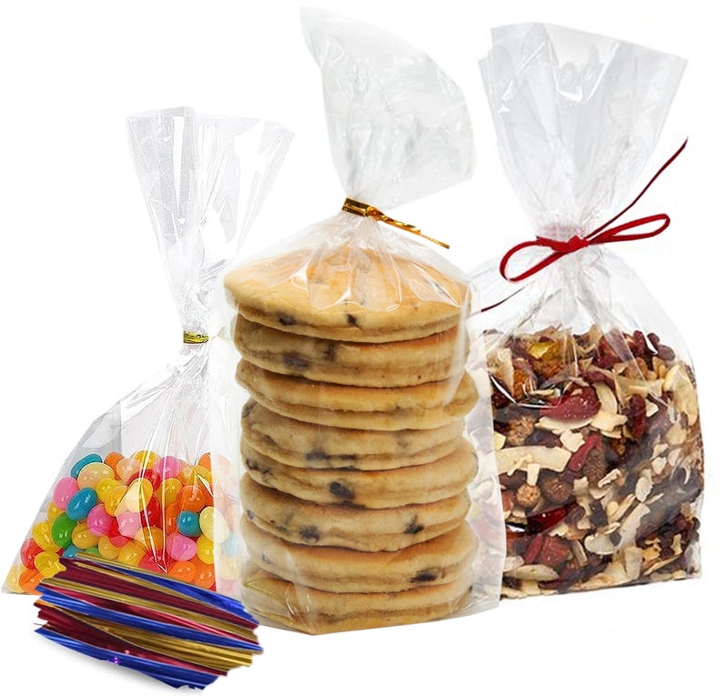 FUNSTITUTION Clear Treat Bags 200 pack 5x7 Clear Plastic Gift Bags with 4 Twist Ties 3 Mix Colors BPAfree for Packaging For Wedding Cakes Pops Gift - Image 3