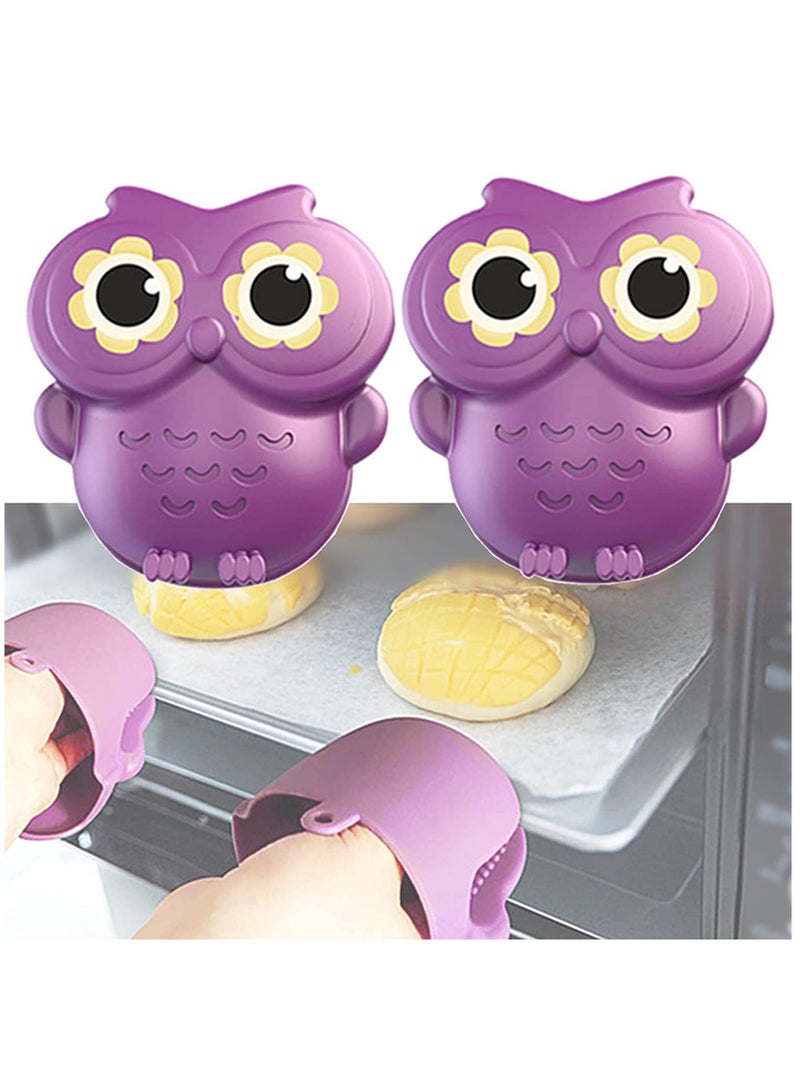 Funny Mini Owl Silicone Oven Mitts, Heat Resistant Kitchen Gloves, 2-Pack Potholders for Cooking and BBQ, Easy to Clean (Purple) - Perfect for Home Chefs!