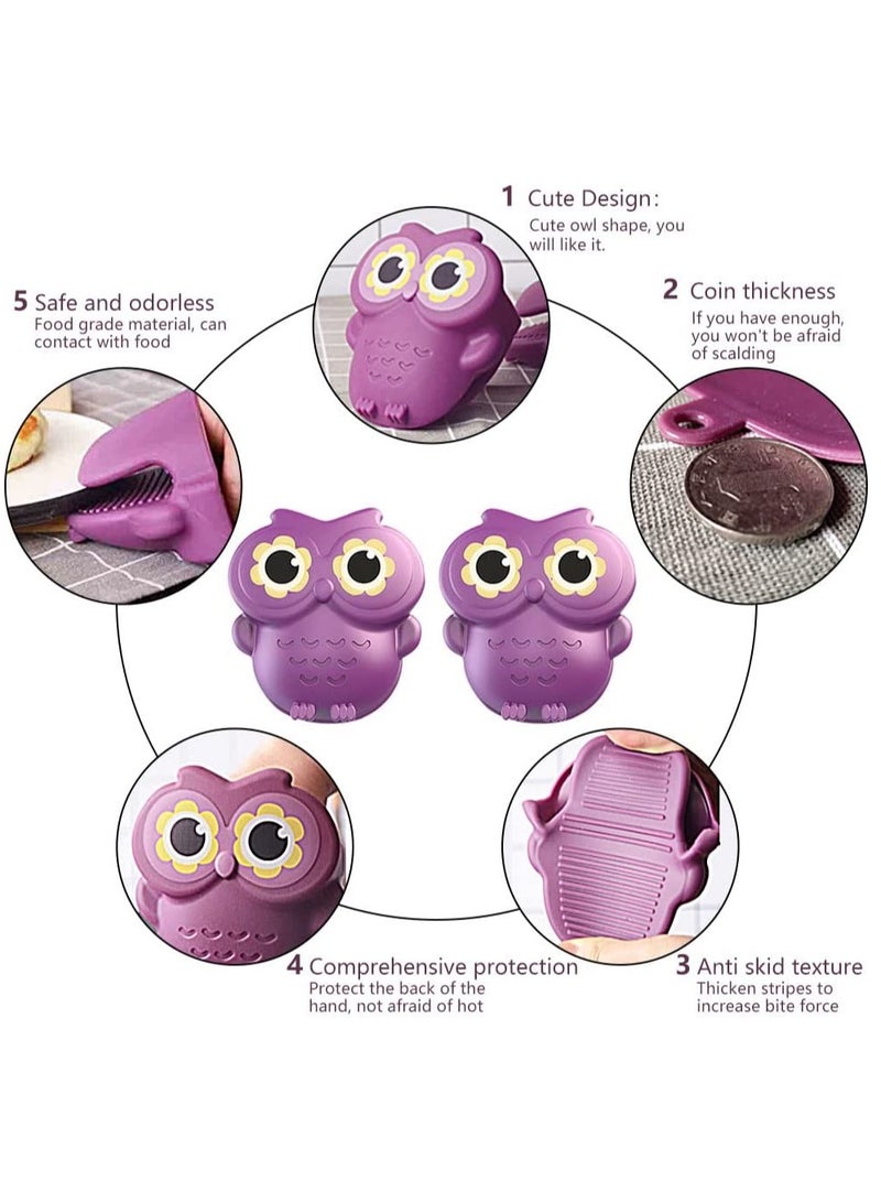 Funny Mini Owl Silicone Oven Mitts, Heat Resistant Kitchen Gloves, 2-Pack Potholders for Cooking and BBQ, Easy to Clean (Purple) - Perfect for Home Chefs!